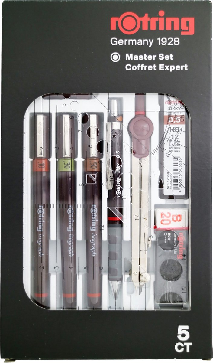 Rotring Isograph-Stift-Set, technischer Stift und Druckbleistift-Master-Set | 3 Fineliner (0,1 mm, 0,3 mm, 0,5 mm), Druckbleistift (0,5 mm) und Zirkel, plus Zubehör | 10 Stück