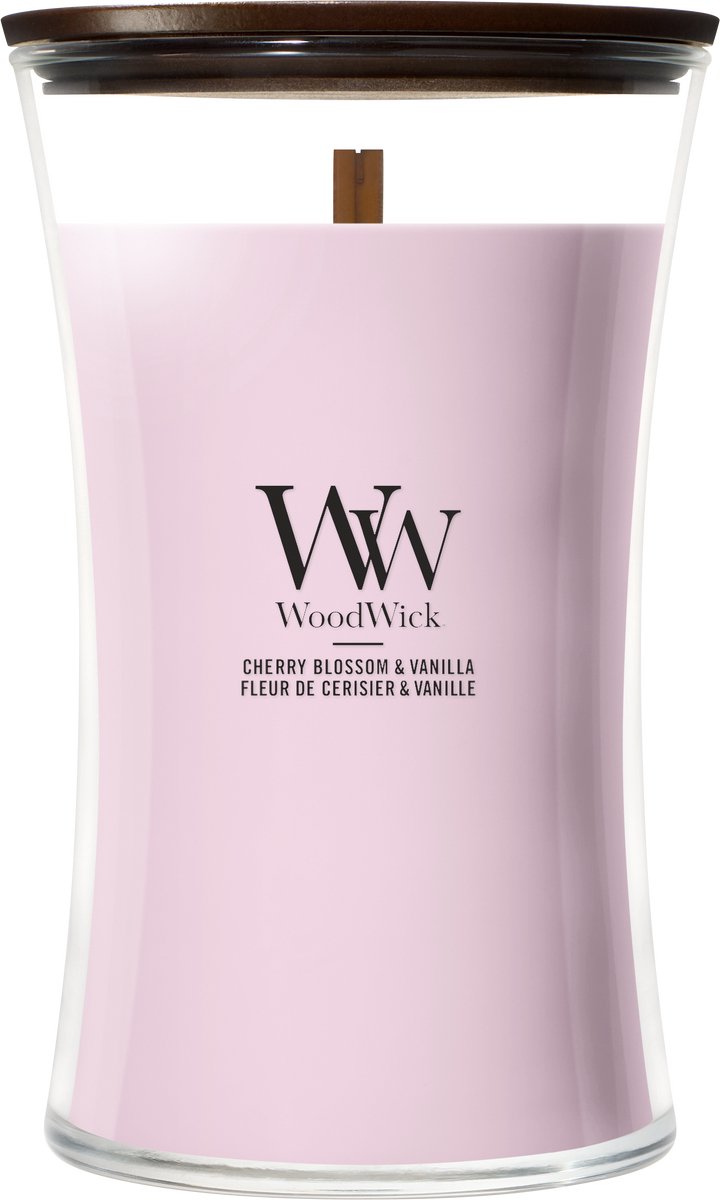 Woodwick Sanduhr – Kirschblüten-Vanille – große Duftkerze – 130 Brennstunden