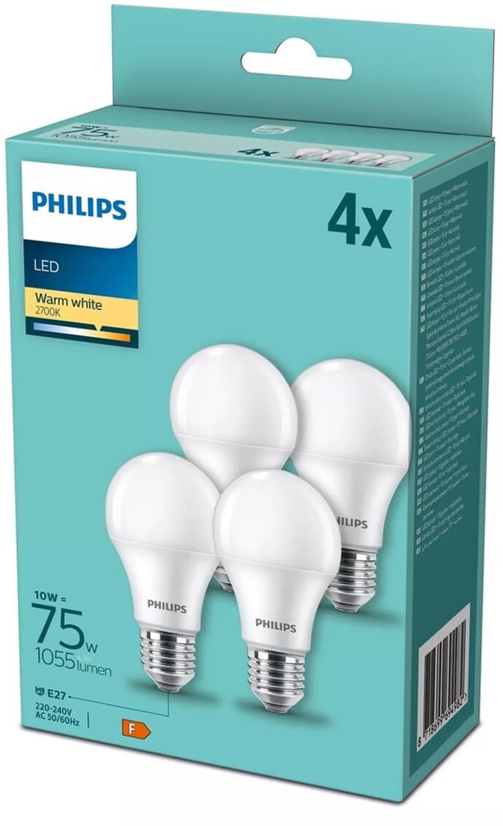Philips LED Philips Corepro LED-Glühbirne A60 E27 10 W 2700 K 1055 LM 230 V – 4er-Pack – warmweiß