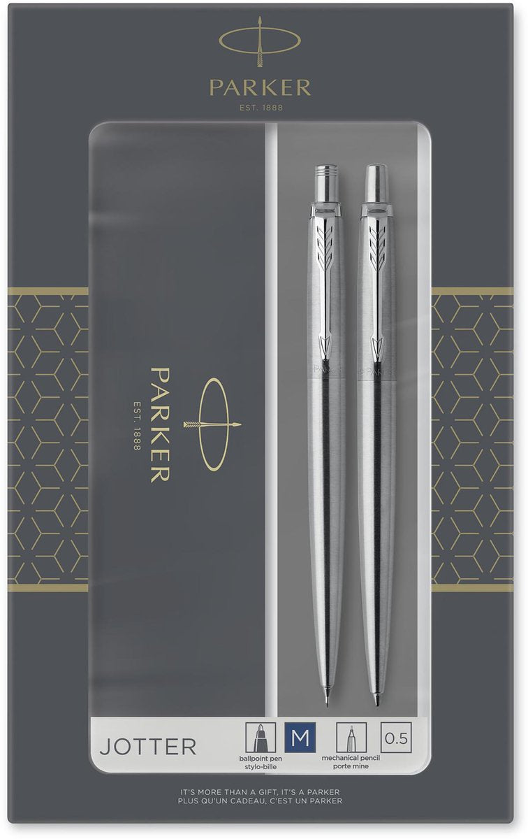Parker Jotter Duo Geschenkset Kugelschreiber und Druckbleistift (0,5 mm) – blaue Tinte – Edelstahl mit Chrom-Finish