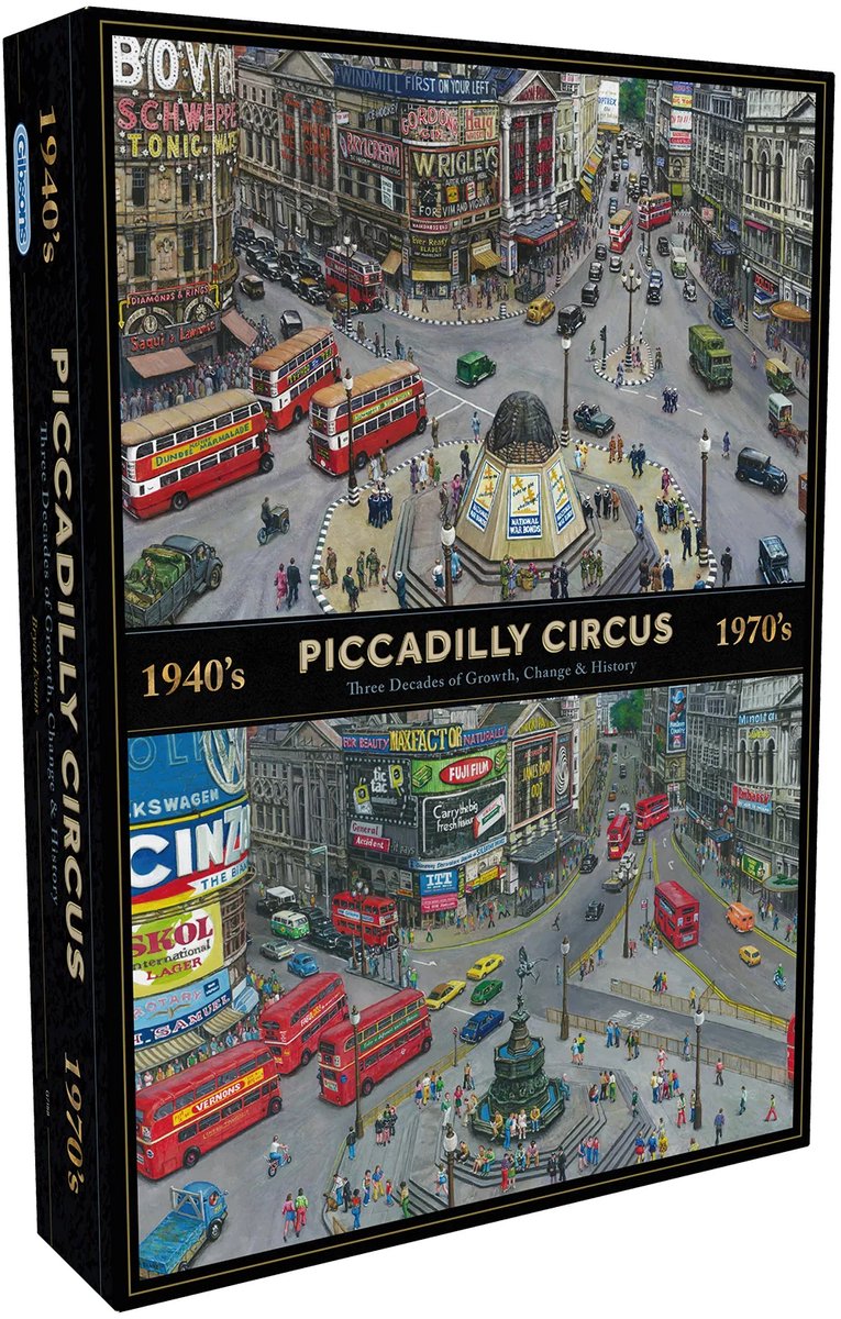 Gibsons – Piccadilly Circus im Wandel der Jahrzehnte (von Bryan Evans) – 1000 Teile 49×68 cm (B×H) – Puzzle für Erwachsene