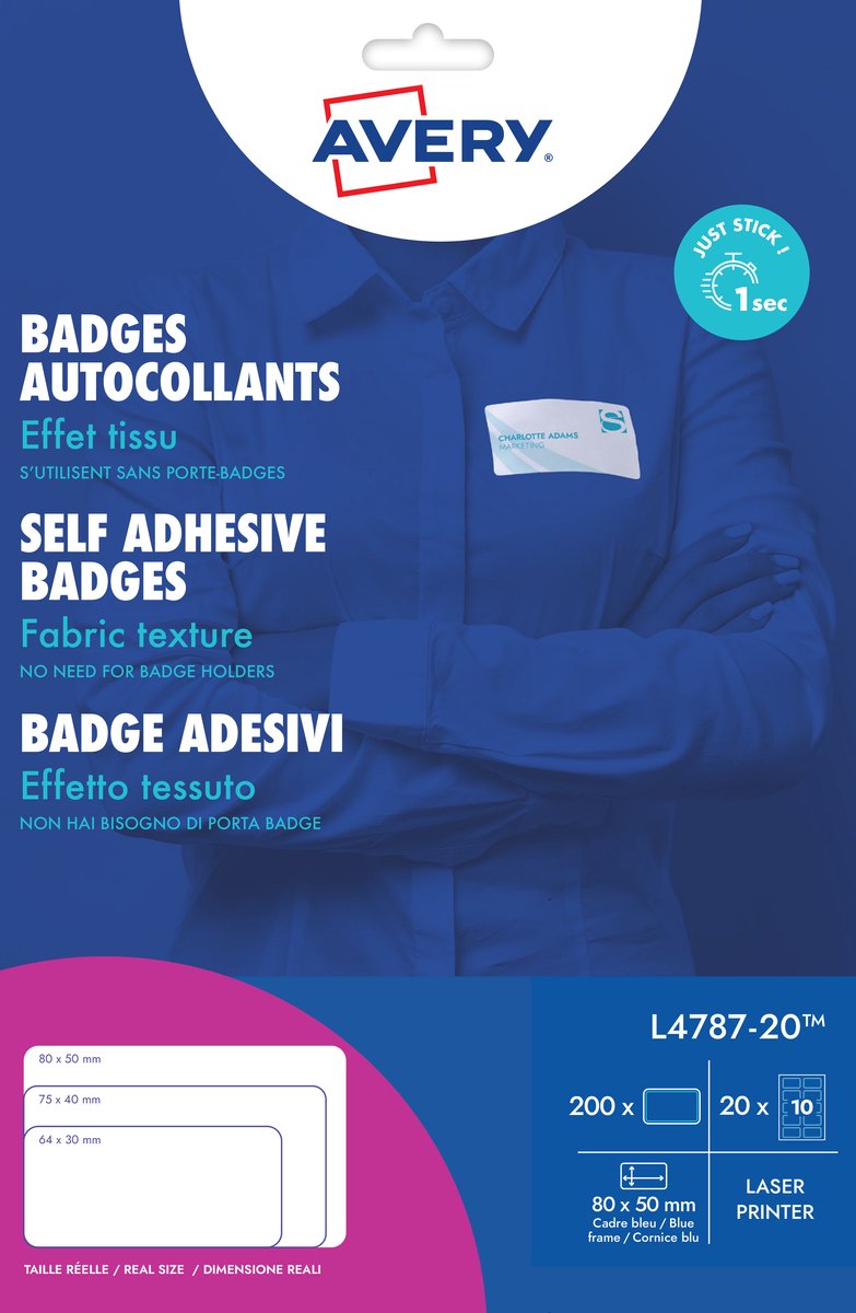 Avery Badge-Etikett, 50 x 80 mm, NP, 20 Blatt, 10 Etiketten pro Blatt, weiß, blau