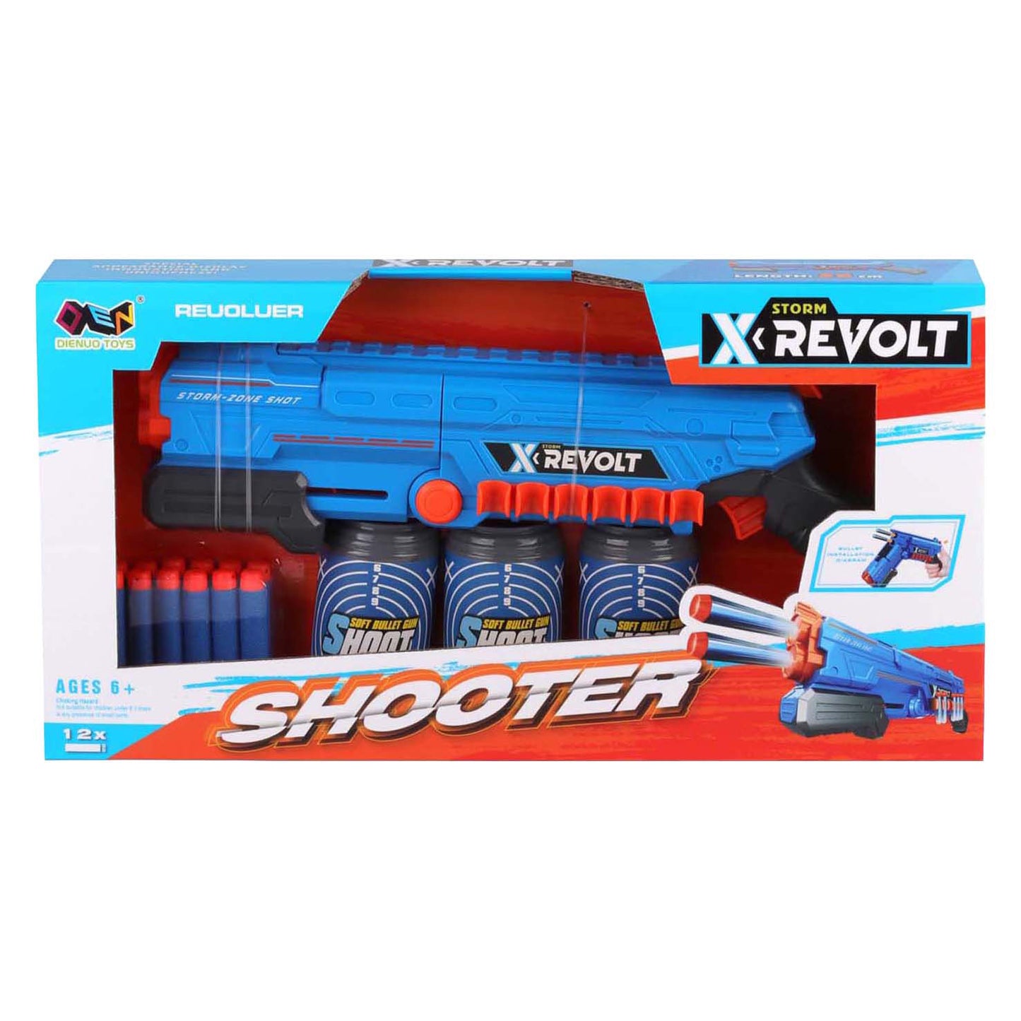 Shooter x Revolt – mit 12 Softpfeilen und 3 Dosen
