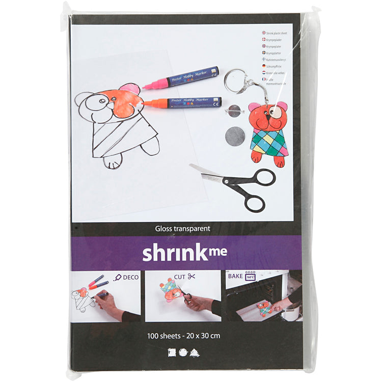 Creativ Company Schrumpffolienblätter, Blatt 20x30 cm, Stärke 0,3 mm, transparent glänzend, 100 Blatt 1 Karton