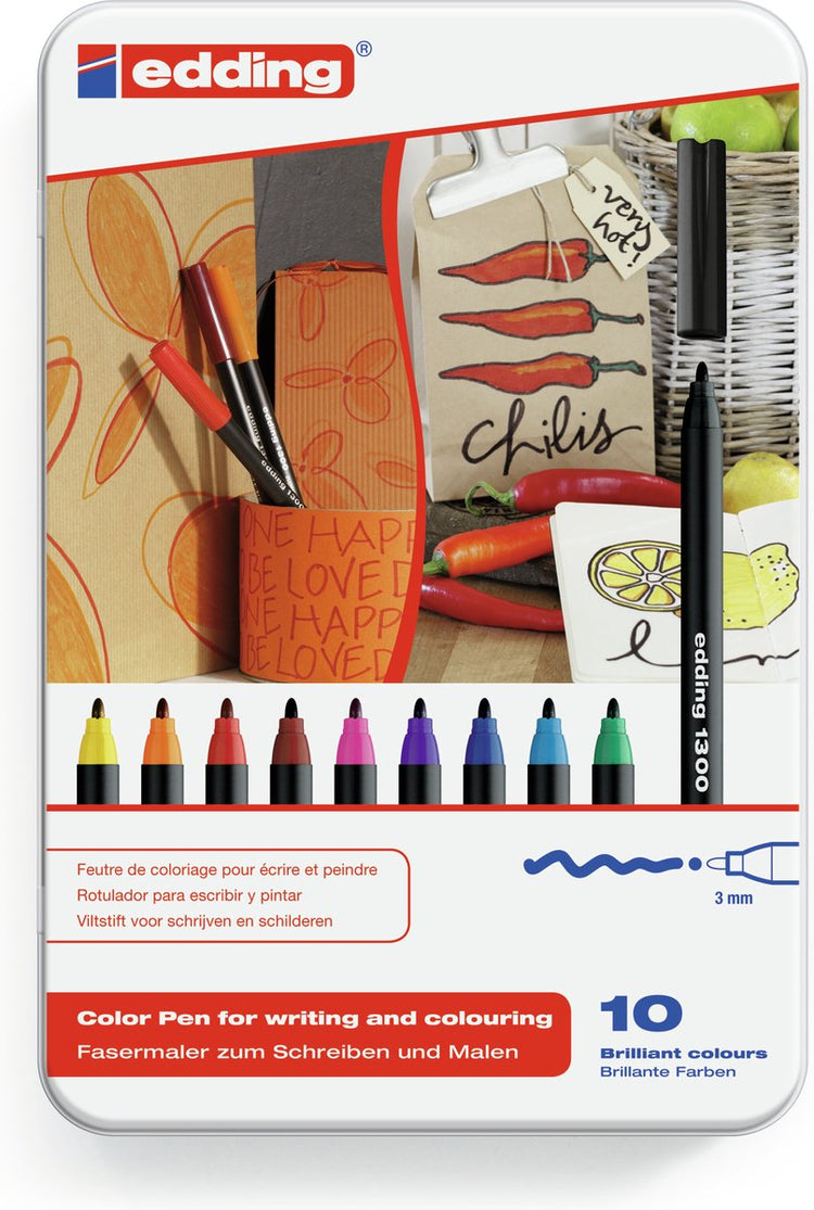 Edding 1300 10s – 10 Stück in verschiedenen Farben – Rundspitze 2 mm – Metallbox – Tinte auf Wasserbasis – zum Schreiben, Skizzieren und Layouten auf hellem Papier