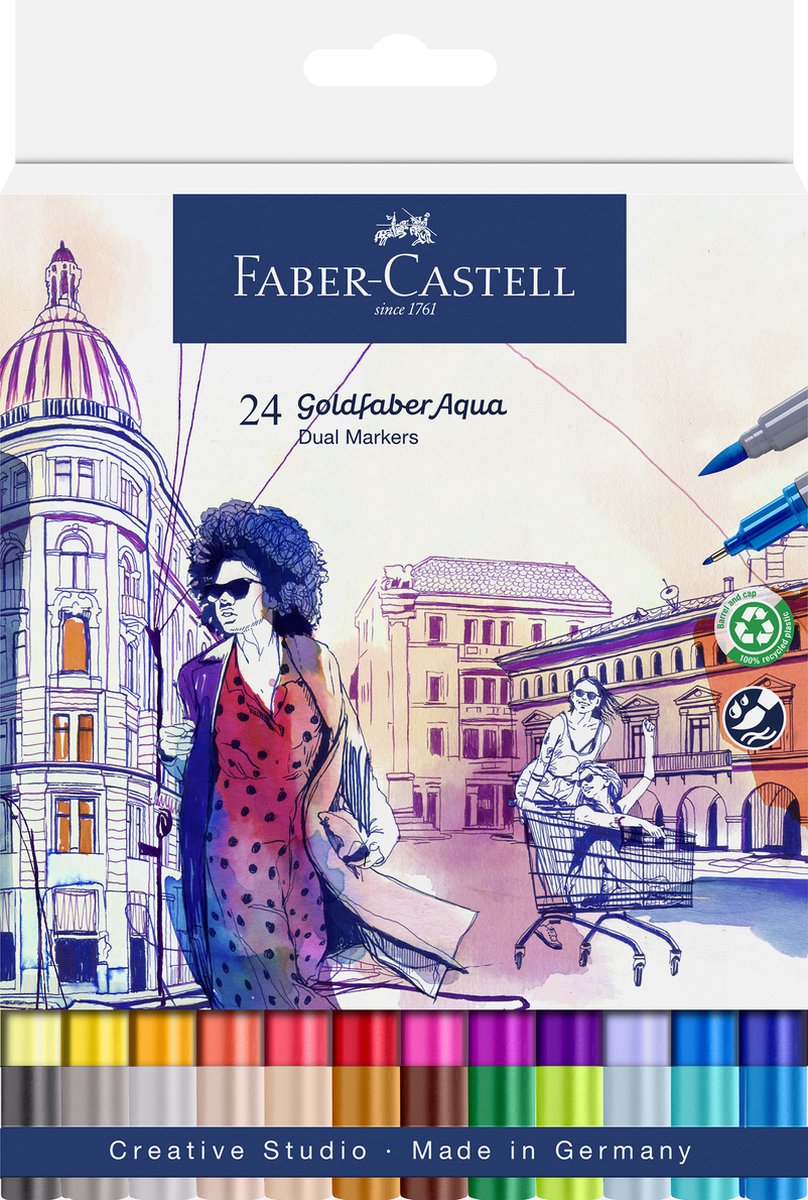 Faber-Castell – Duo-Aquarellmarker – Goldfaber – Karton 24 Stück – Pinsel 0,6 mm – FC-164624