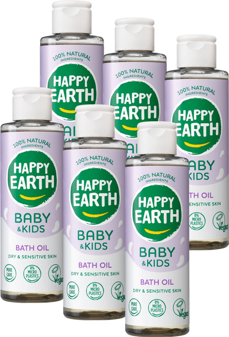 Happy Earth Bundle Badeöl Baby Kids – 100 % natürlich – frei von Mikroplastik – Babypflege – mit pflanzlichem Hautweichmacher – geeignet für Neugeborene – 6x150 ml – Vorteilspack