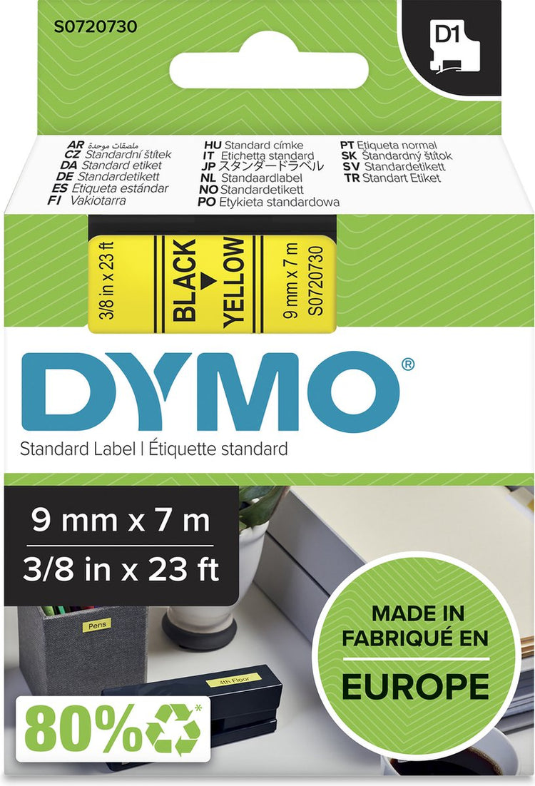 Original Dymo d1-Etiketten | schwarzer Text auf gelbem Etikett | 9mm x 7m | selbstklebende Etiketten für den Etikettendrucker Label Manager | Hergestellt in Europa