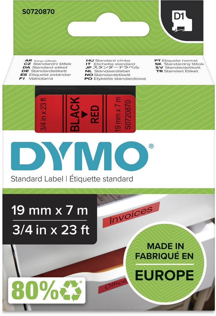 Original Dymo d1-Etiketten | schwarzer Text auf rotem Etikett | 19mm x 7m | selbstklebende Etiketten für den Etikettenmanager Etikettenhersteller | Hergestellt in Europa