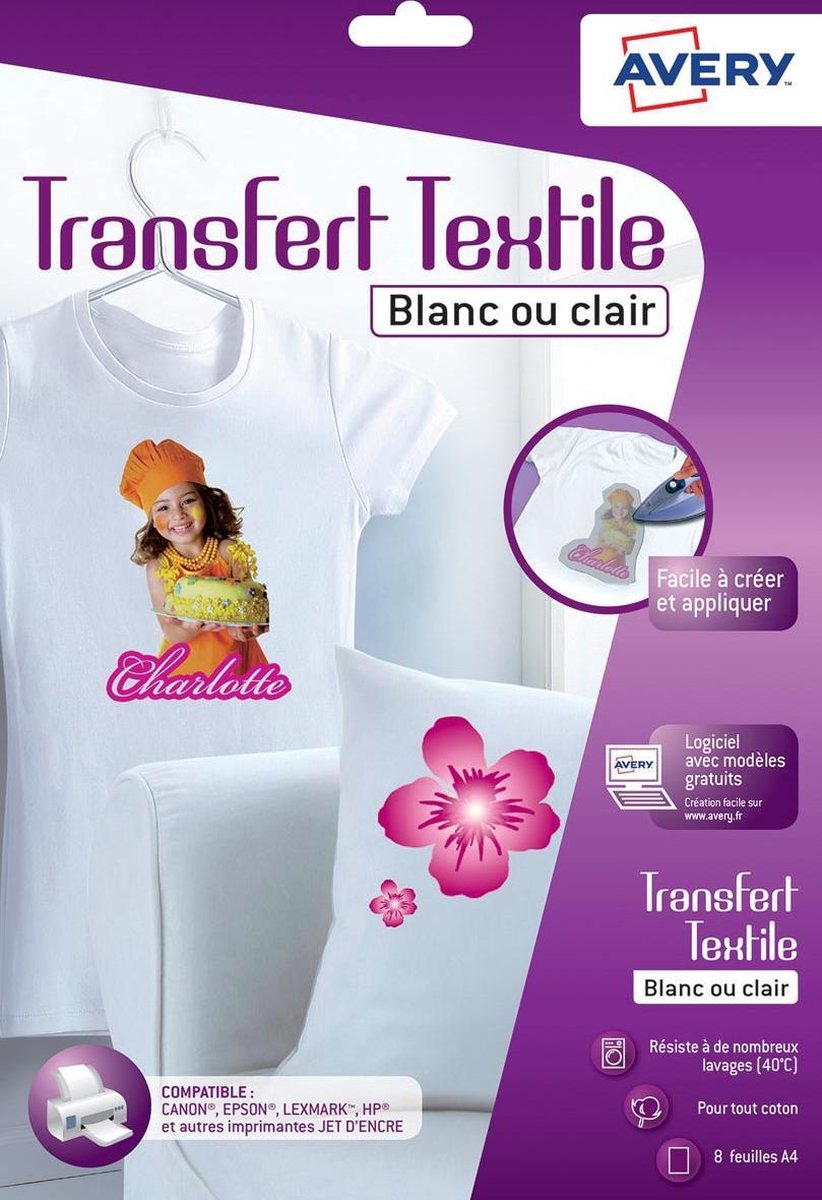 Avery Transferfolie T-Shirt A4, transparente Box mit 8 Blatt