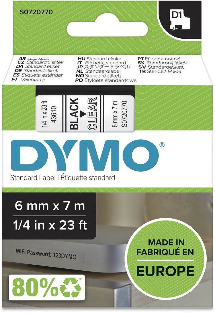 Original Dymo d1-Etiketten | schwarzer Text auf transparentem Etikett | 6mm x 7m | selbstklebende Etiketten für den Etikettendrucker Label Manager | Hergestellt in Europa