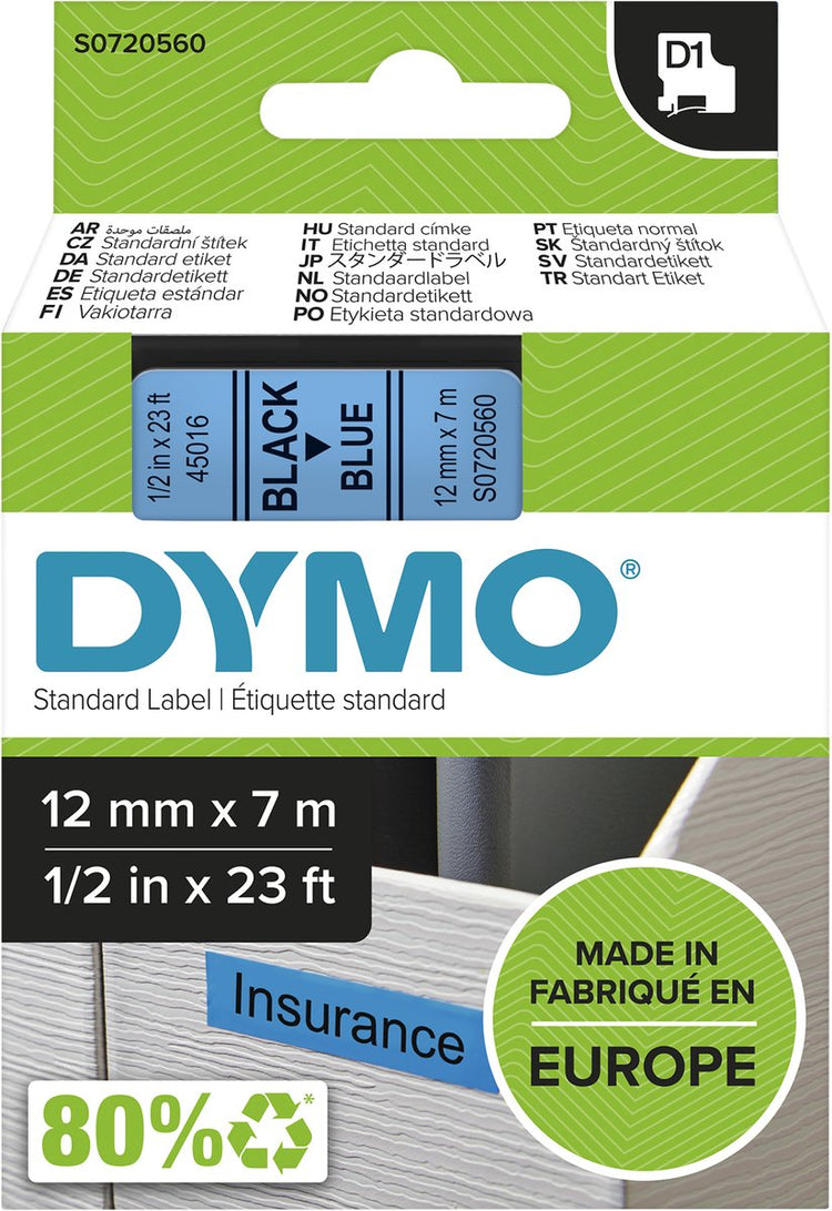 Original Dymo d1-Etiketten | schwarzer Text auf blauem Etikett | 12mm x 7m | selbstklebende Etiketten für den Etikettendrucker Label Manager | Hergestellt in Europa