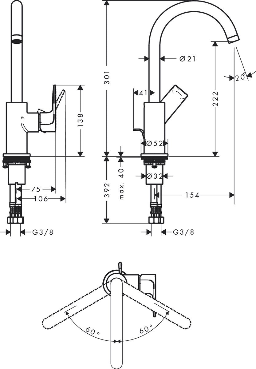 Hansgrohe rebris e – Waschtisch-Mischbatterie – Einhebelbedienung – mit Ablaufgarnitur – Größe 210 mm – drehbarer Auslauf – Chrom