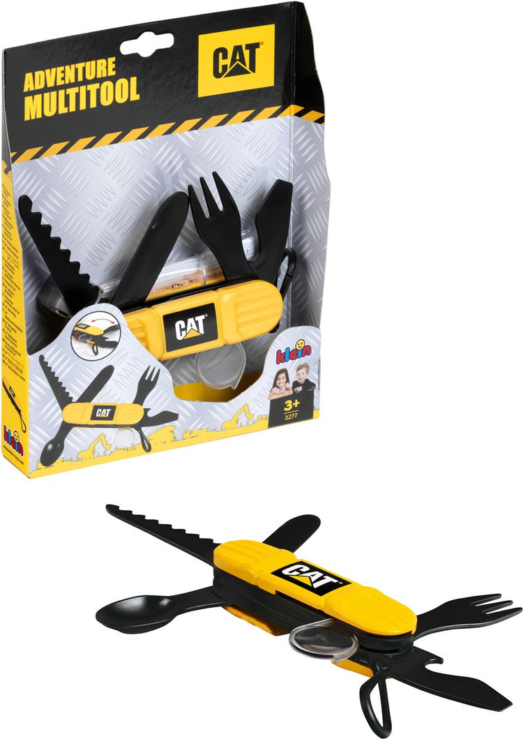 Klein Toys – Caterpillar Adventure Multitool – mit sechs Funktionen – Säge, Messer, Gabel, Löffel, Flaschenöffner und Lupe