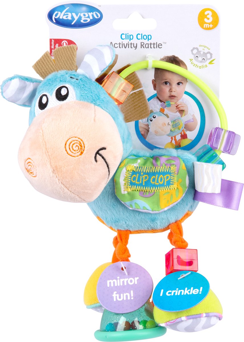 Playgro Clip Clop Rassel – Blau – Aktivitätsspielzeug – Rassel – Mutterschaftsgeschenk – Babyspielzeug – Babyspielzeug – Kinderwagenzubehör – Stofftier – Babyrassel – Beißspielzeug – Greifling – Baby