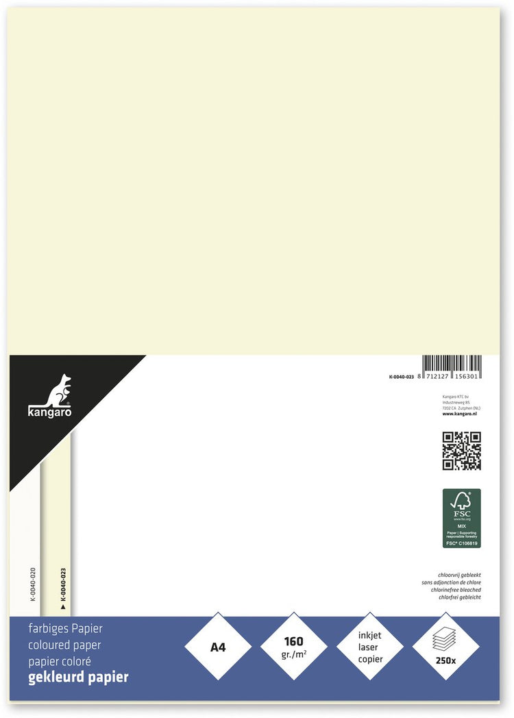 Farbiges Sans-Marque-Kangaro-Papier ohne Marke – Größe A4 – 160 Gramm – Elfenbeinweiß – Packung mit 250 Blatt – K-0040-023