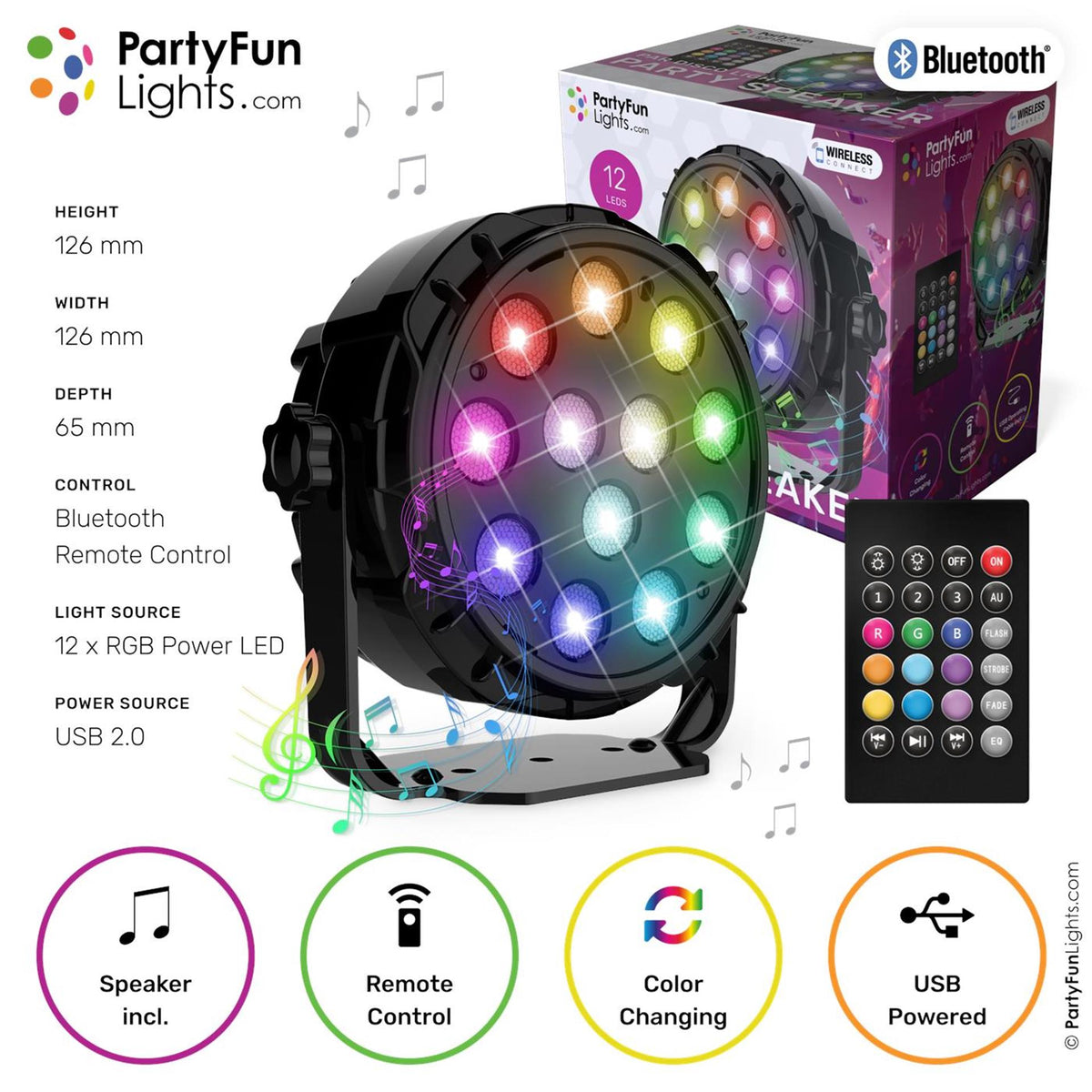 Partyfun beleuchtet Bluetooth-Lautsprecher 12x Power-LEDs