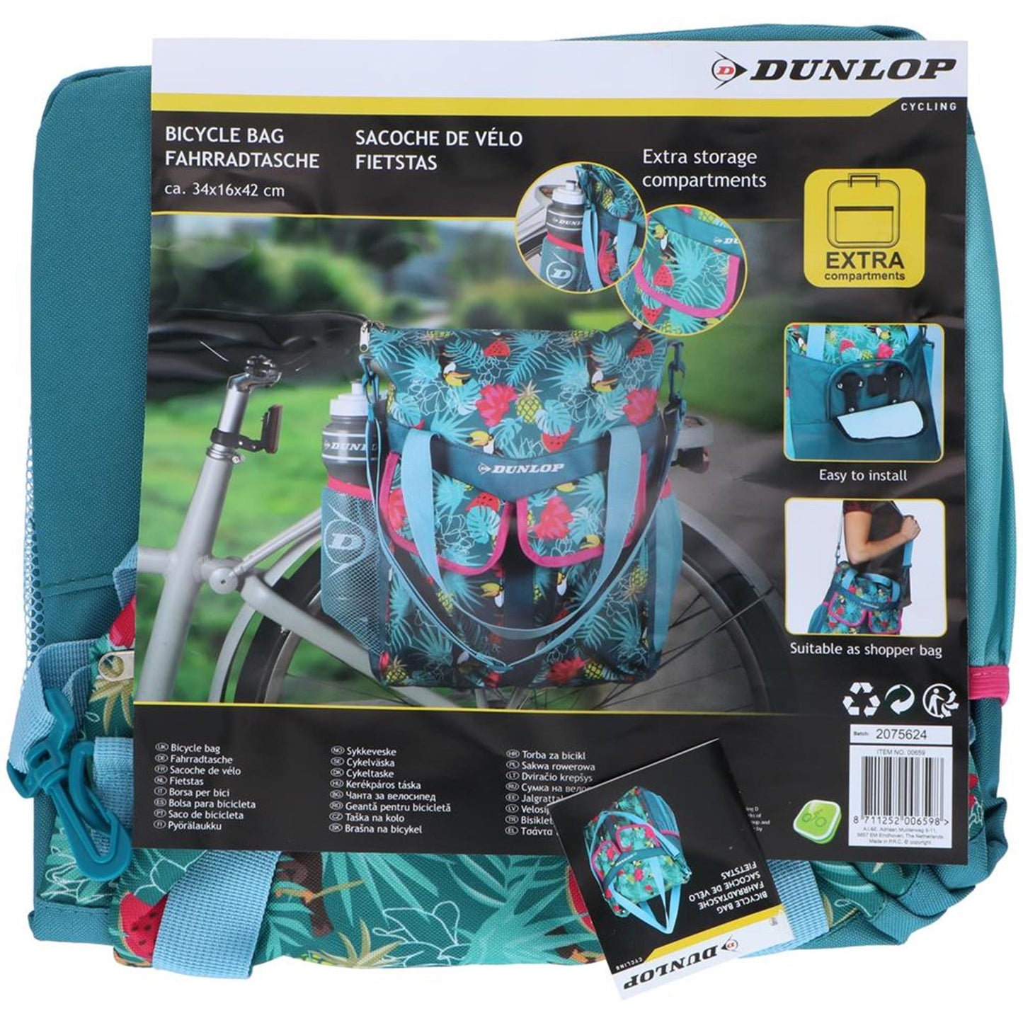 Dunlop Fahrradbeutel -Rucksack 2in1 20Liter Inhalt Tropischer Druck
