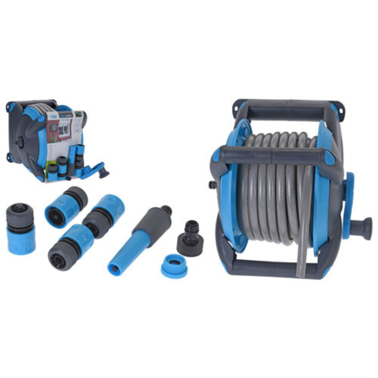 Profi Gartengartenschlauch mit Halter 15 m blau grau