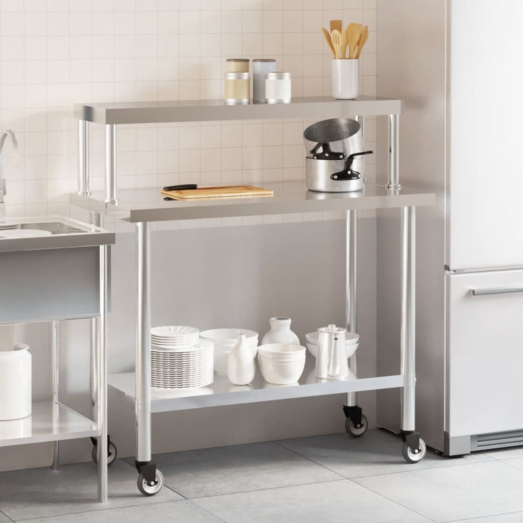Vidaxx Küchenarbeitstisch mit Ablageplatte 110x55x120 cm aus Edelstahl