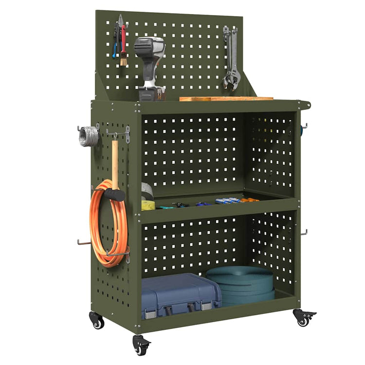 Vidaxxl Werkzeugwagen mit Ablage olivgrün 65 x 35 x 111 cm