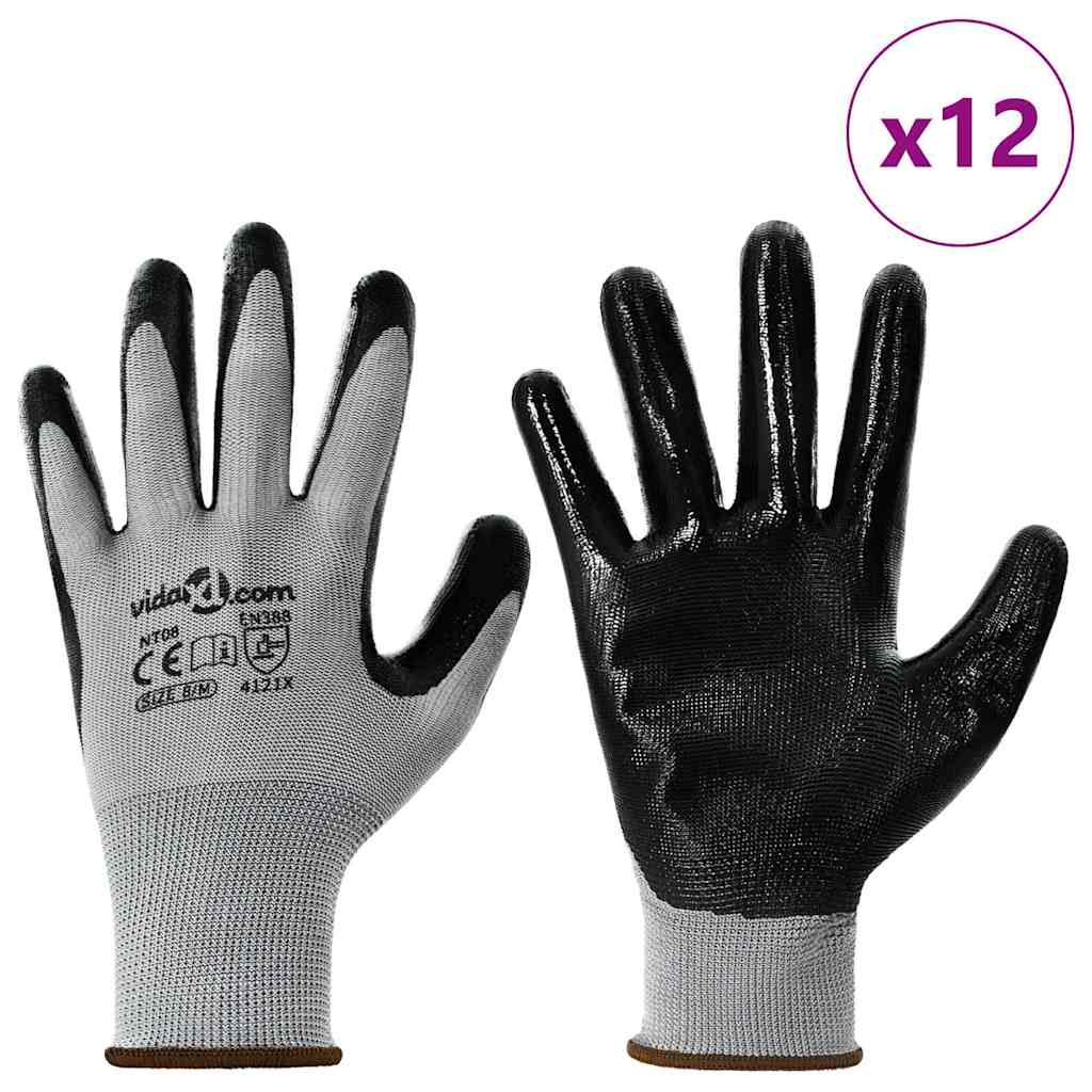 VidaXL Arbeitshandschuhe 12 Stück grau und schwarz 8 m Polyester