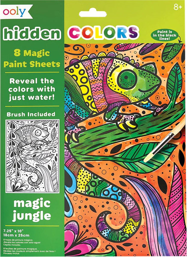 Ooly – Hidden Colors Magic Paint Sheets – Magic Jungle – Ausmalen mit Wasser – inklusive Pinsel – Farben bleiben erhalten, wenn das Bild trocknet, für ein rahmenfähiges Kunstwerk – enthält 8 Magic Paint Sheets – geeignet ab 8 Jahren