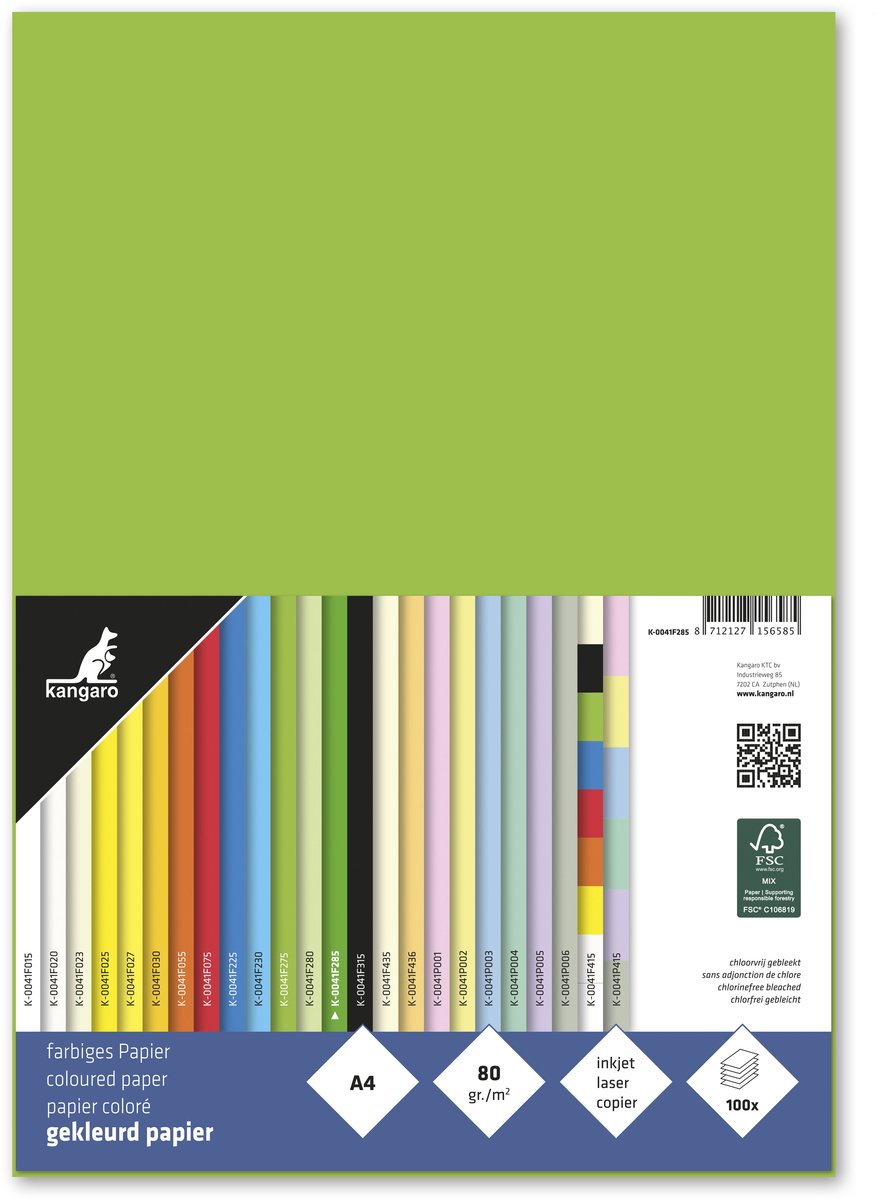 Kängurupapier – Größe A4 – 80 Gramm – Farbe Hellgrün – Packung mit 100 Blatt – k-0041f285