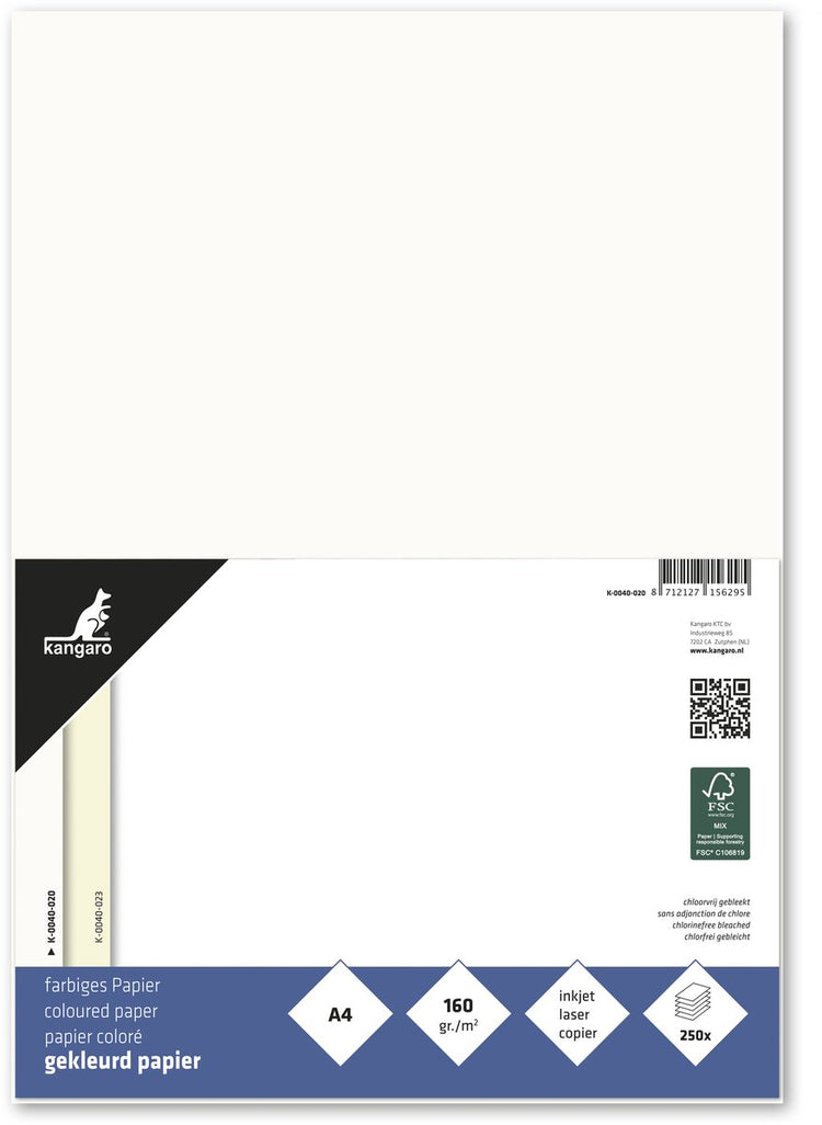 Farbiges Sans-Marque-Kangaro-Papier ohne Marke – Größe A4 – 160 Gramm – cremeweiß – Packung mit 250 Blatt – k-0040-020