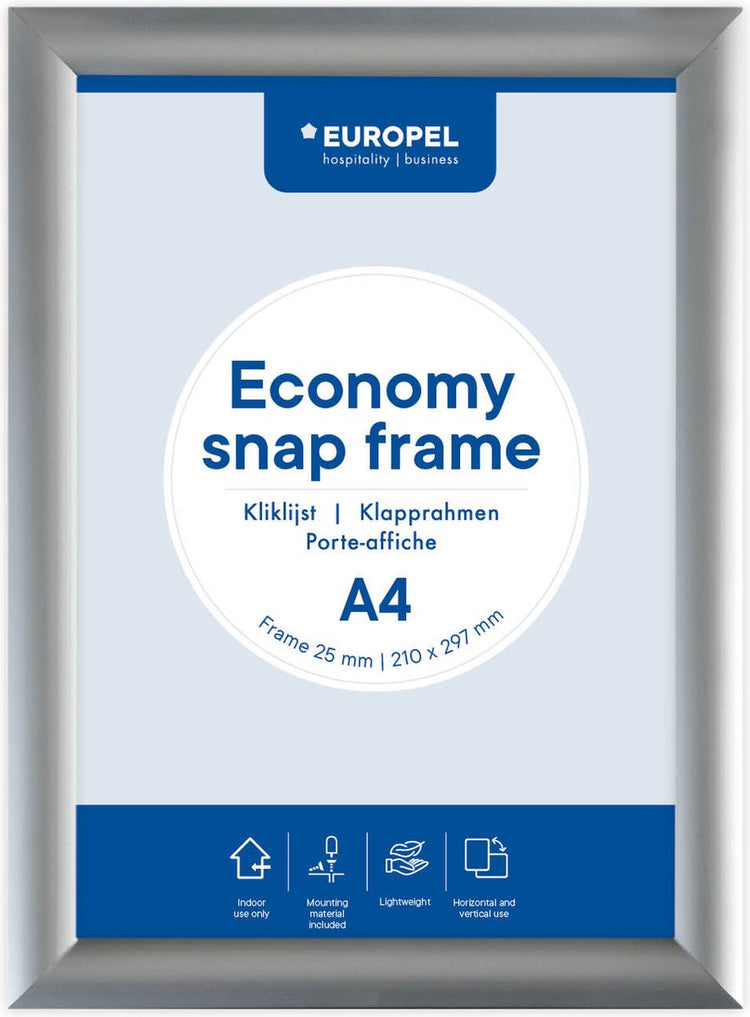 Europel Economy Klickrahmen – Posterrahmen – A4 – 21 x 29,7 cm – 25 mm – Aluminium – Silber