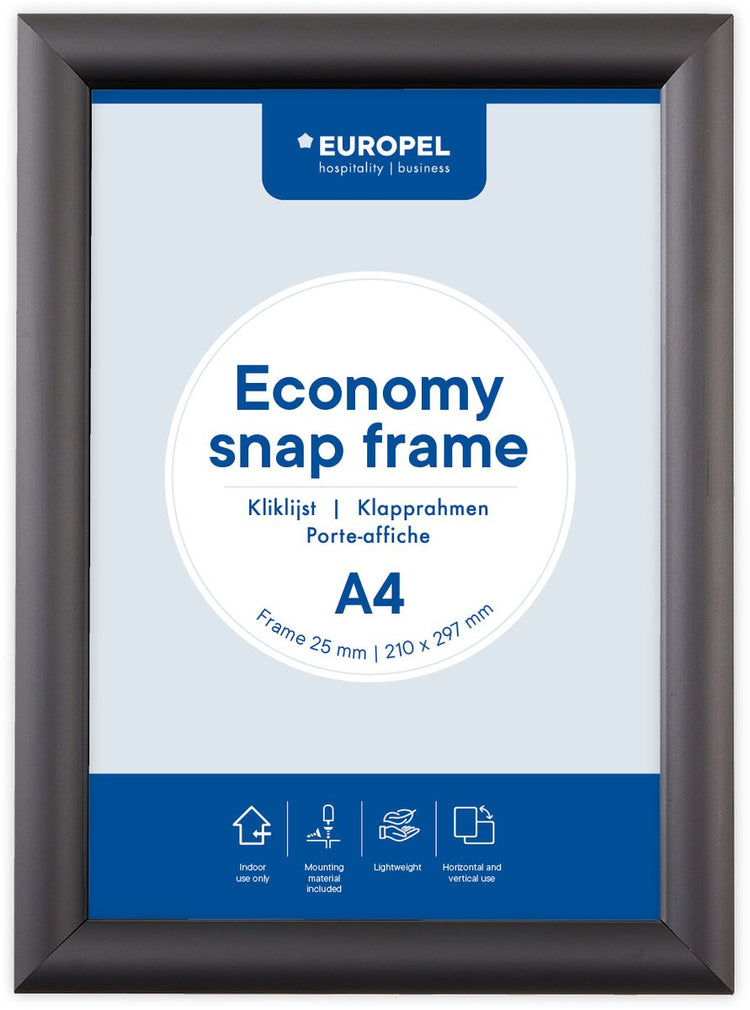 Europel Economy Klickrahmen – Posterrahmen – A4 – 21 x 29,7 cm – 25 mm – Aluminium – Schwarz