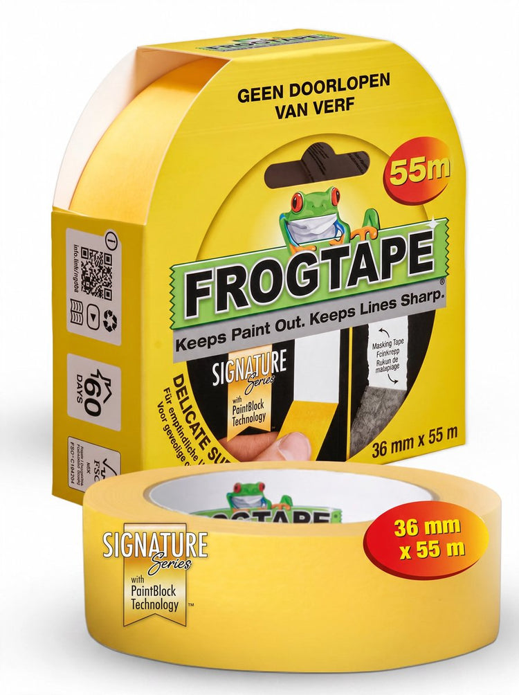 Kip Frog Tape Zarte Oberfläche – Abdeckband Malerband – Gelb 36 mm x 55 m für saubere Linien ohne Auslaufen der Farbe – Geeignet für alle Farbarten im Innen- und Außenbereich auf rauen oder feuchten Oberflächen – stabiles Papier in Profiqualität