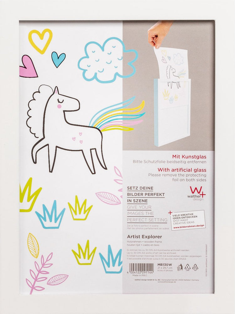 Walther Artist Explorer – Holzrahmen – für 30 Kinderskizzen – Fotogröße 21 x 30 cm – Kunstglas – weiß