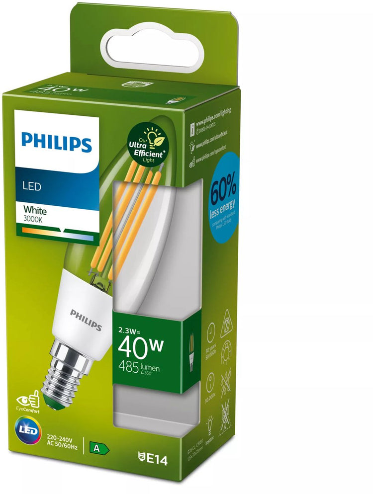 Philips LED Philips ultraeffiziente LED-Kerzenlampe transparent – 40 W – E14 – weißes Licht