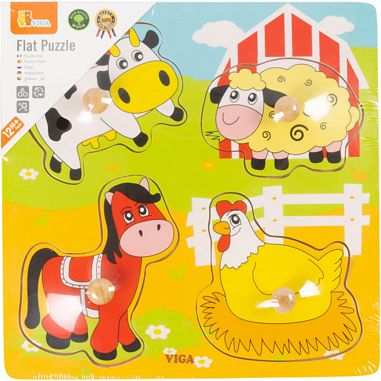 Viga Holzknopfpuzzle, Bauernhoftiere, Größe 22x22 cm, 4 Teile, 1 Stück