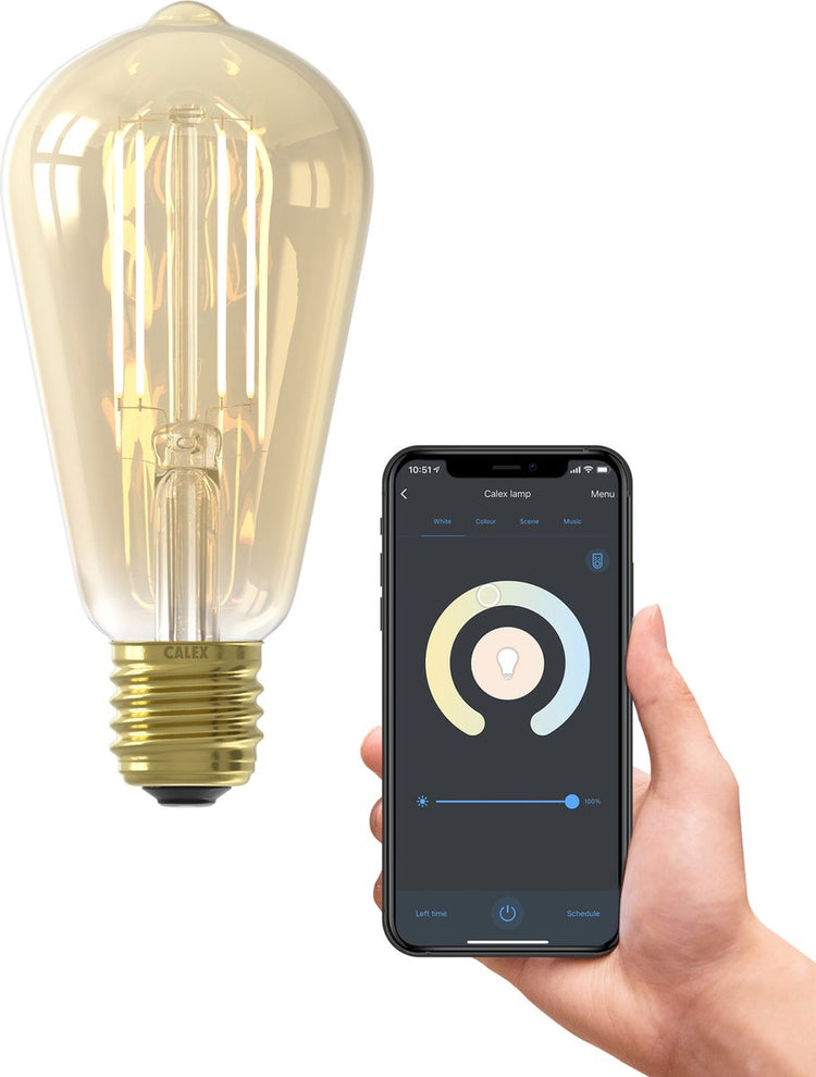 Calex intelligente LED-Lampe – intelligenter Lichtfaden – E27 – rustikal – WLAN-Lichtquelle – Gold – dimmbar – warmweißes Licht – 7 W