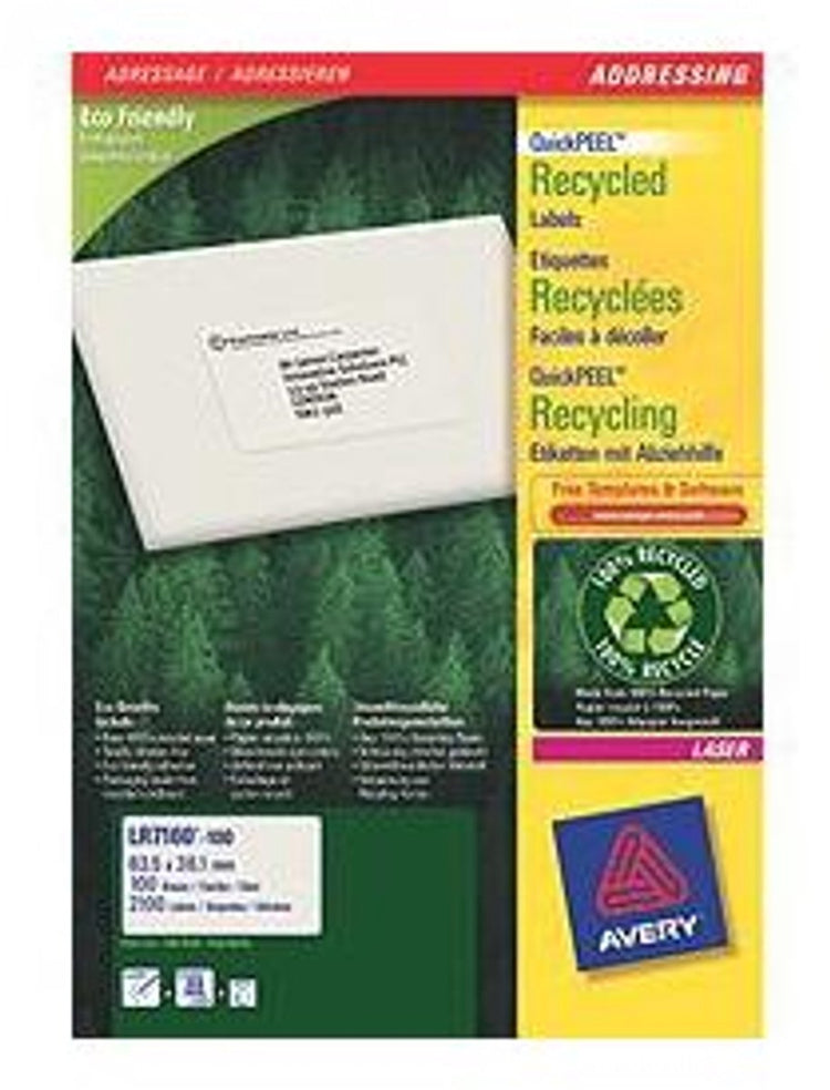 Avery recycelte weiße Laseretiketten, Quickpeel-Format, 635 x 381 mm (B x H), 2.100 Stück, 21 pro Blatt