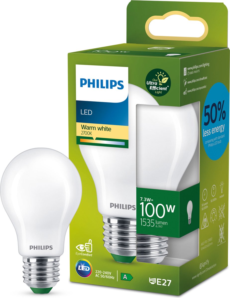 Philips LED Philips ultraeffiziente LED-Lampe matt – 100 W – E27 – warmweißes Licht