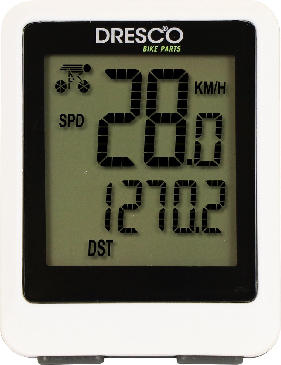 Dresco kabelloser Fahrradcomputer – 12 Funktionen – großes Display – Scan-Funktion – spritzwassergeschützt – inkl. (CR2032) Batterien - Uhr (12 oder 24 Stunden) - Start-Stopp-Automatik - Hintergrundbeleuchtung - inkl. Montagematerial - weiß