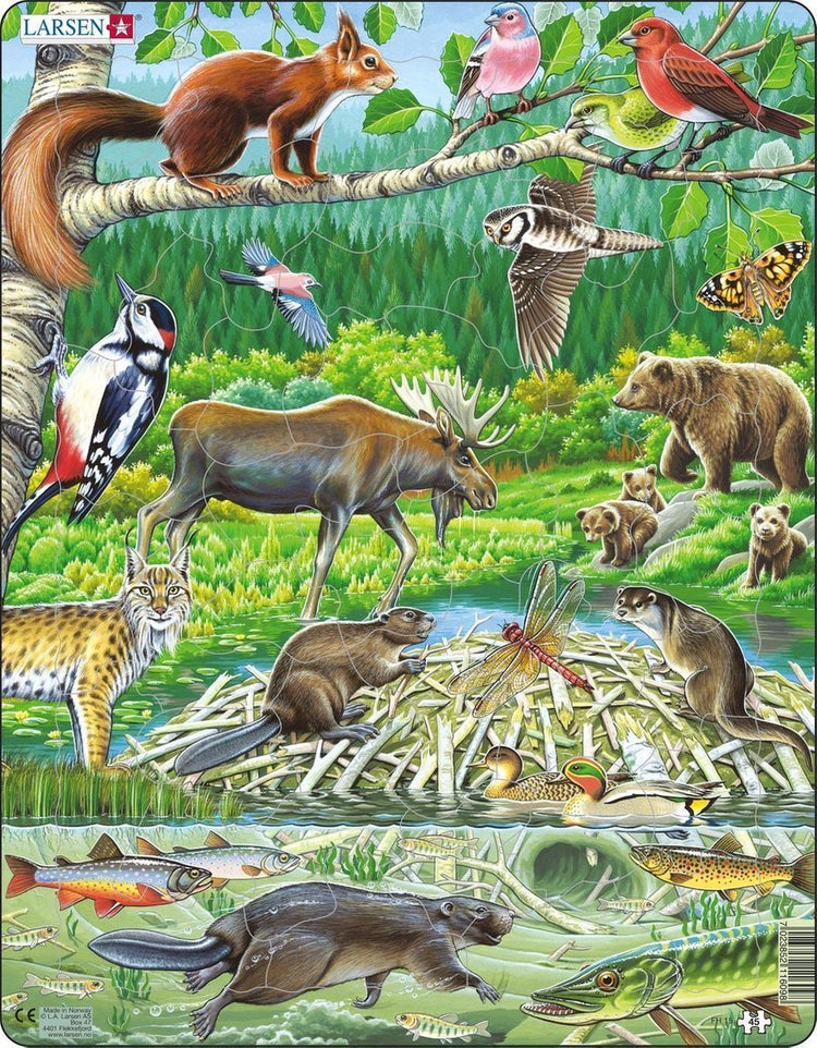 Larsen ein Sommertag in einem skandinavischen Wald – Puzzle – Tiere – skandinavische Wälder – Lernpuzzle für Kinder – 45 Teile – hergestellt in Norwegen – extra dicke 2,5 mm Teile – Tablett mit festem Rand