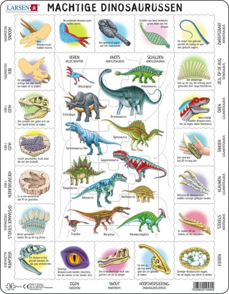 Larsen Merkmale der Dinosaurier – Puzzle – Tiere – Vorgeschichte – Lernpuzzle für Kinder – 35 Teile – hergestellt in Norwegen – extra dicke 2,5 mm Teile – Tablett mit festem Rand