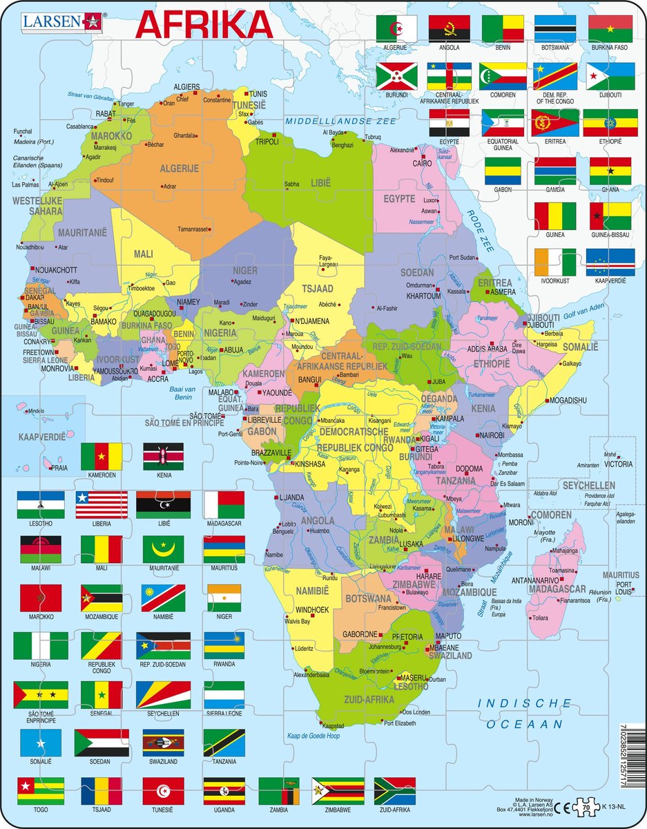Larsen Afrika mit Flaggen – Puzzle – Karten Geographie – Flaggen Afrika – Lernpuzzle für Kinder – 70 Teile – hergestellt in Norwegen – extra dicke 2,5 mm Teile – Tablett mit festem Rand