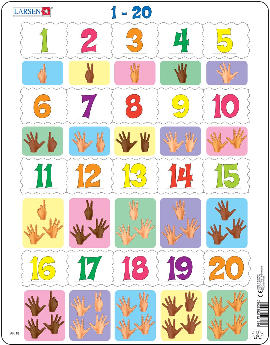Larsen Zahlen 1–20 – Puzzle – Zählen lernen – Zahlen – Lernpuzzle für Kinder – 20 Teile – hergestellt in Norwegen – extra dicke 2,5 mm Teile – Tablett mit festem Rand