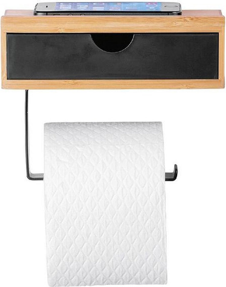 Wenco Wenko Toilettenpapierhalter Bambus mit praktischer Ablage aus hochwertigem Bambus, Schublade für feuchte Tücher, Halterung zur Wandmontage, inkl. Montagematerial, 18,5 x 14 x 10,5 cm, naturschwarz