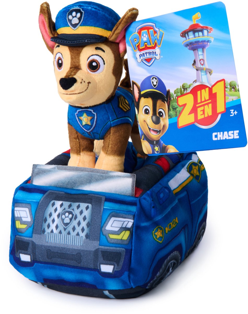 Paw Patrol – Chase 2-in-1-Plüschfahrzeug – 15,2 cm Plüsch mit 20,3 cm Plüsch-Polizeiauto – Kuscheltiere