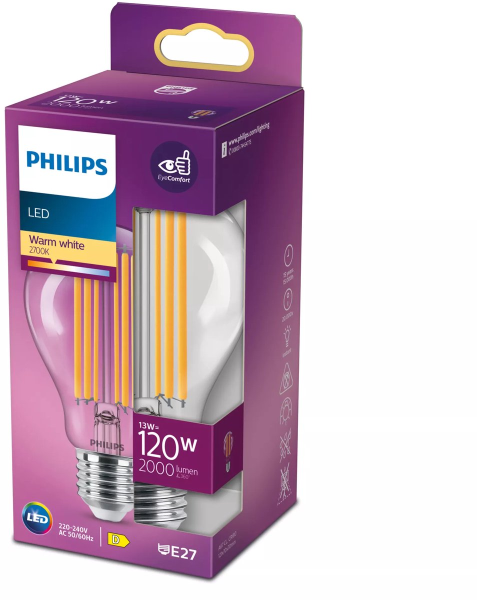 Philips LED-Lampe transparent – 120 W – E27 – warmweißes Licht