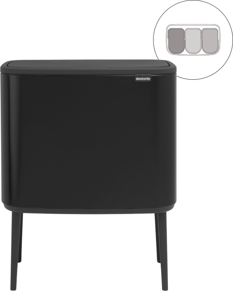 Brabantia Bo Touch Bin Abfallbehälter – 3 x 11 Liter – Mülltrennung – mattschwarz