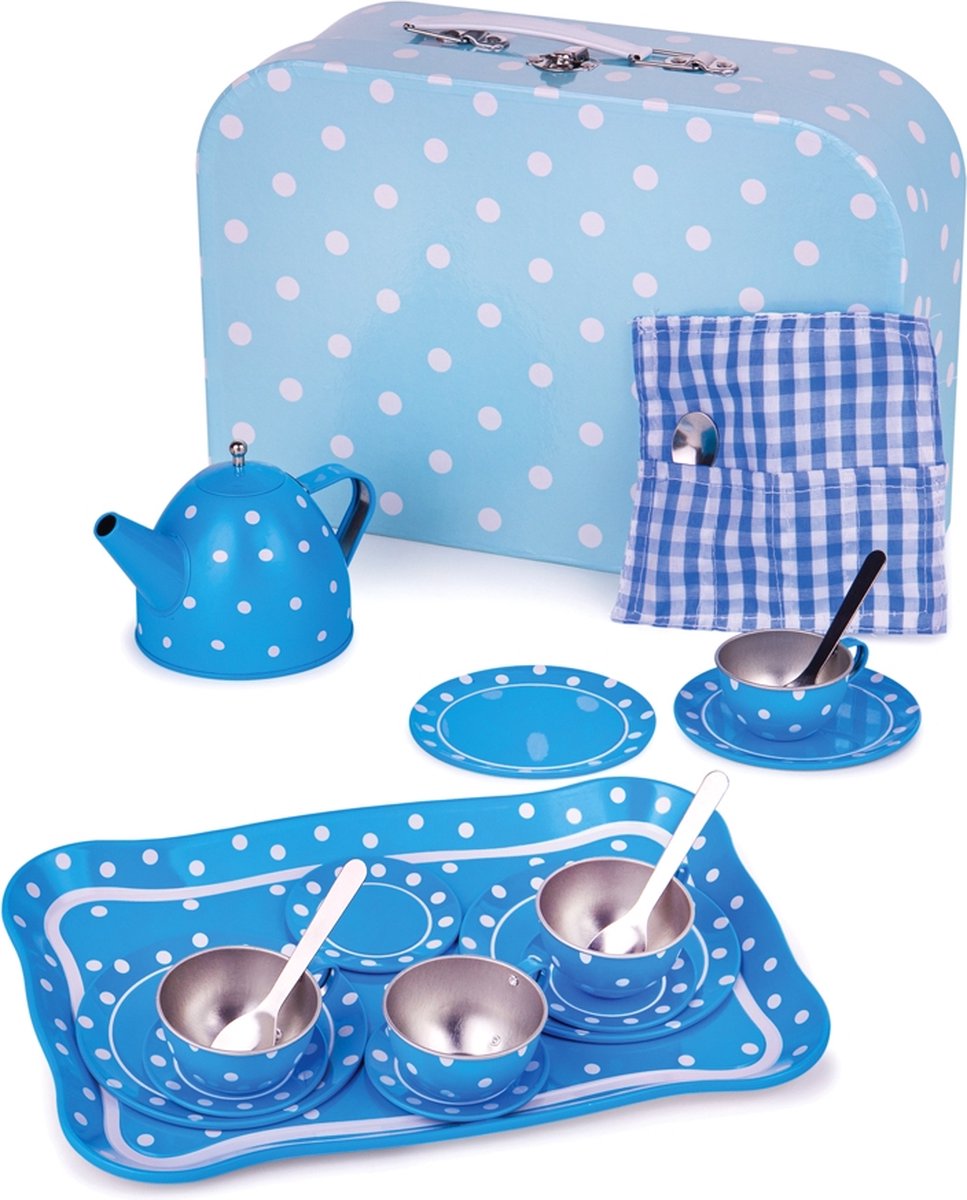 Bigjigs Blechgeschirr blau und weiß im Kofferset