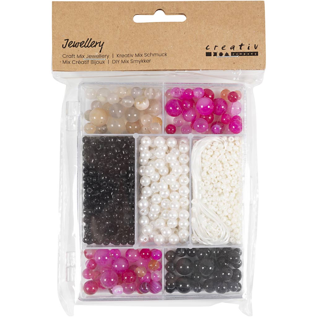 Creativ Company Kreativbox Schmuck, Achate, Größe 2,6-10 mm, Lochgröße 0,8-1,8 mm, ca. 2740 Teile, beige, schwarz, rosa, weißes Perlmutt, 1 Box