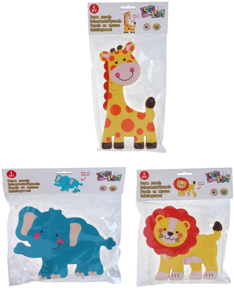 Let's Play Let's Play Schaumstoffpuzzle 6 Teile - Schaumstoffpuzzle Tiere für Kinder - Schaumstoffpuzzle - 6 Puzzleteile - Giraffe, Elefant und Löwe - 1 zufällige Variante